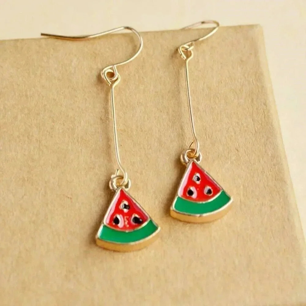 Handmade Enameled Watermelon Slice Charm Dangle Gold Plated Earrings